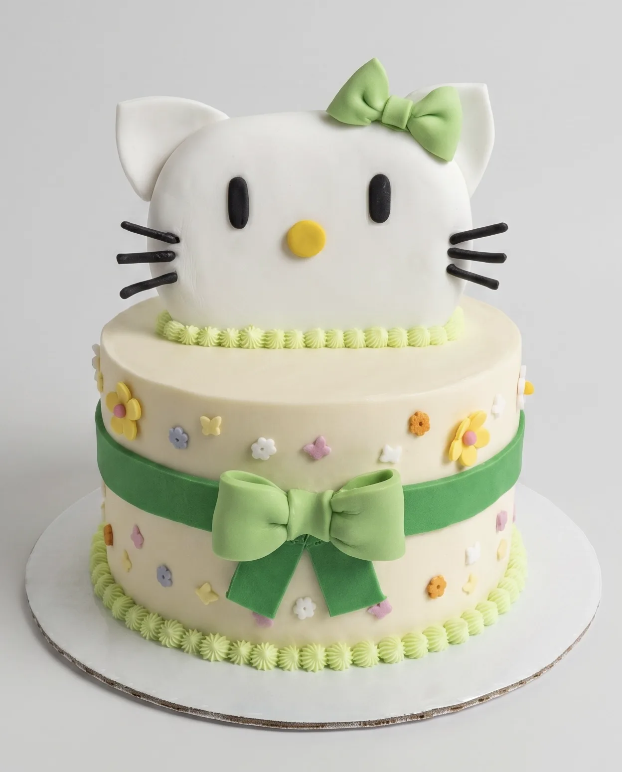 Two-tier Hello Kitty cake with green bows and sugar flowers, a custom cake by Cakes By Vjollca in Pristina, Kosovo