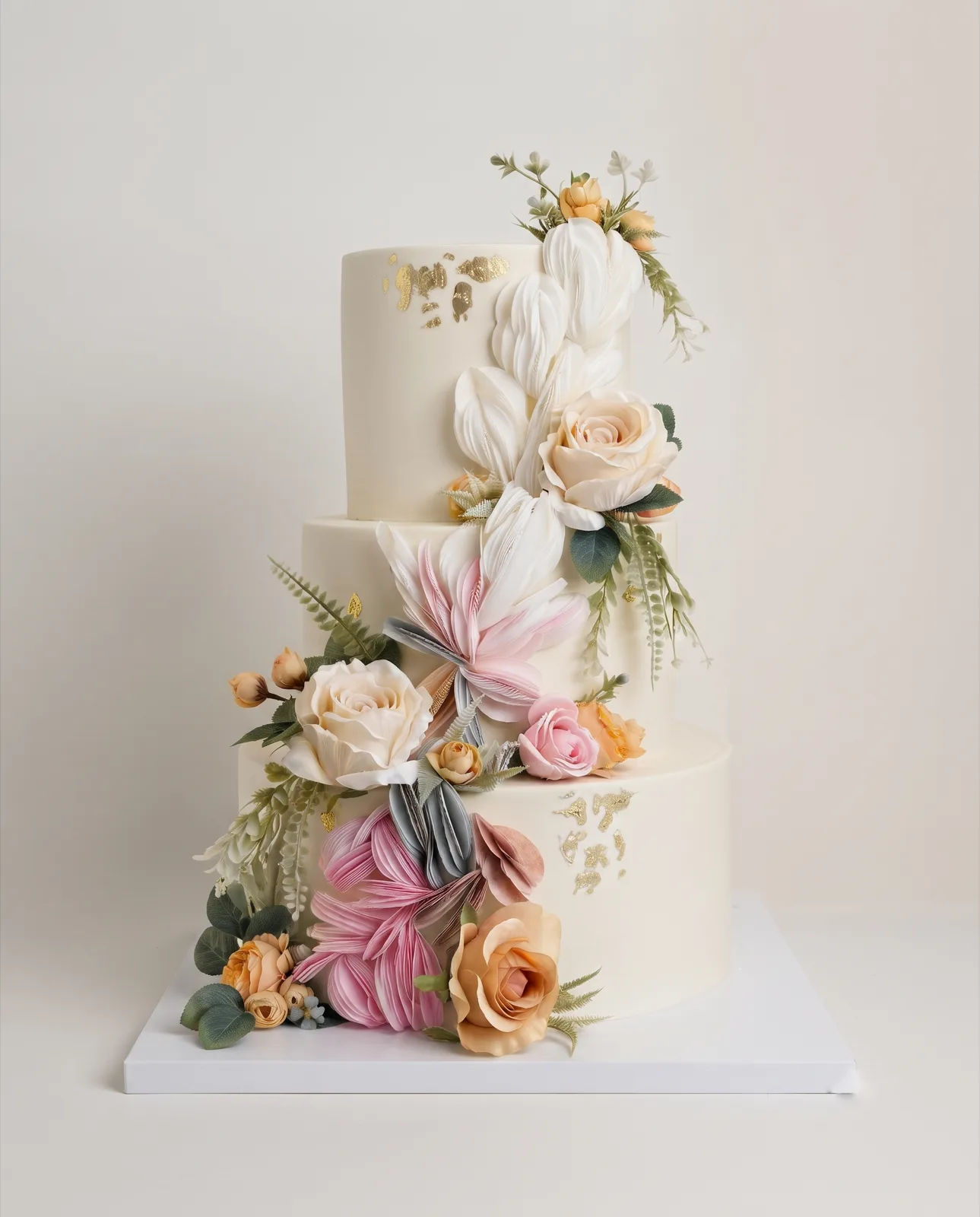 Three-tier ivory wedding cake with a cascade of blush and peach sugar flowers, a custom cake by Cakes By Vjollca in Pristina, Kosovo