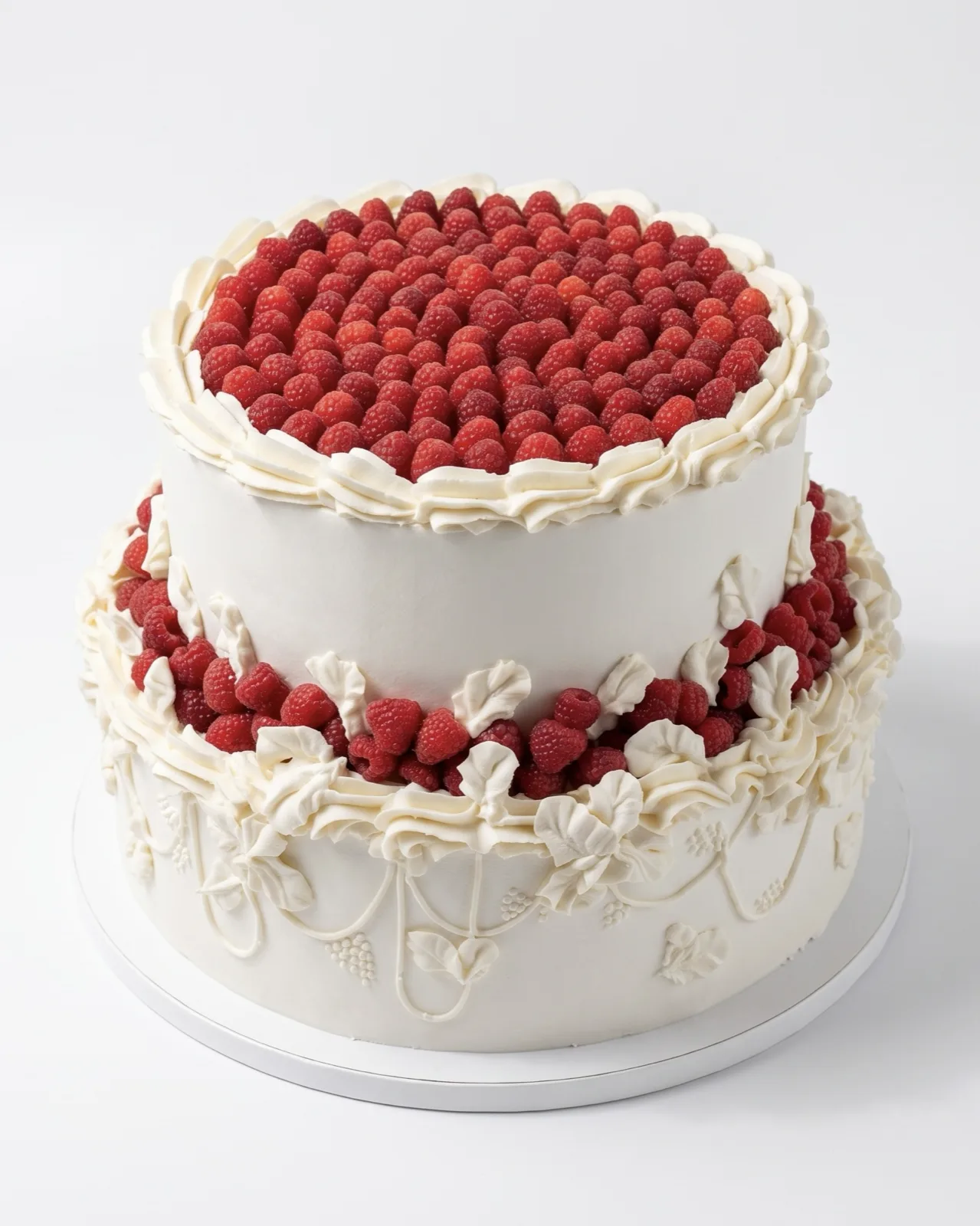 Two-tier white wedding cake topped with fresh raspberries and piped Lambeth details, a custom cake by Cakes By Vjollca in Pristina, Kosovo