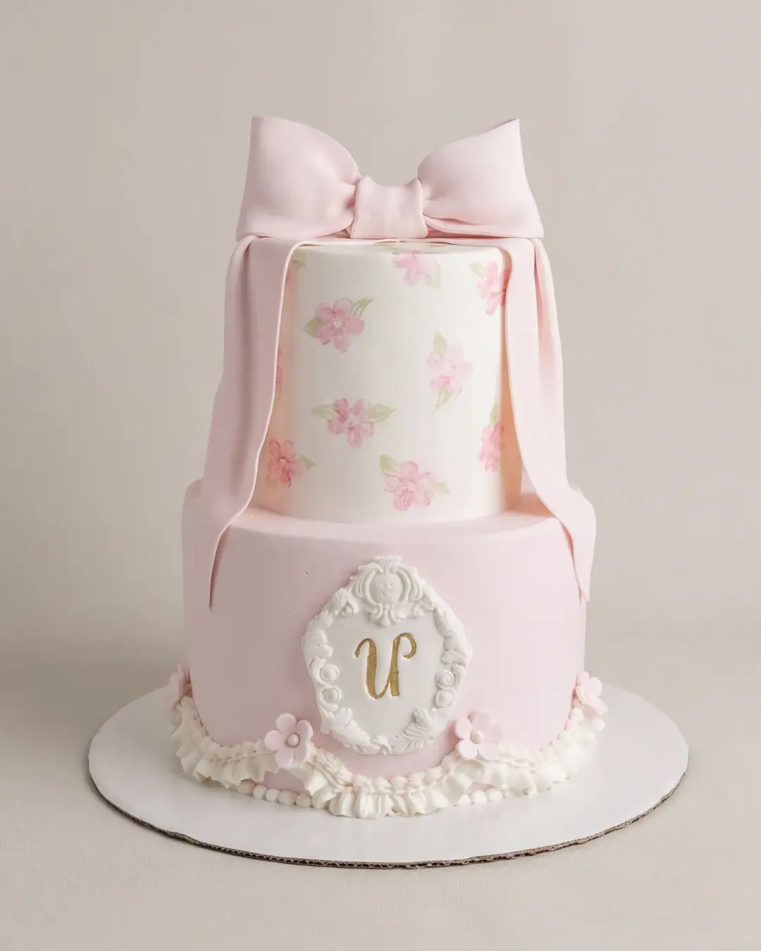 Two-tier pale pink birthday cake with a fondant bow, hand-painted flowers and a gold monogram in a baroque frame, a custom cake by Cakes By Vjollca in Pristina, Kosovo