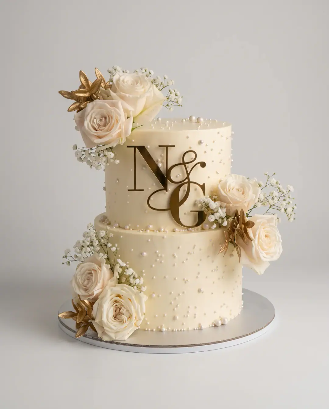 Two-tier ivory engagement cake with pearls, cream roses, gilded leaves and a gold initials topper, a custom cake by Cakes By Vjollca in Pristina, Kosovo