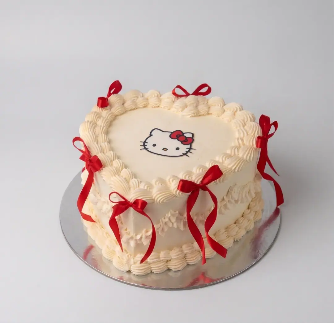 Cream vintage heart cake with piped shell borders and garlands, a Hello Kitty face on top and red satin bows around the sides, a custom cake by Cakes By Vjollca in Pristina, Kosovo