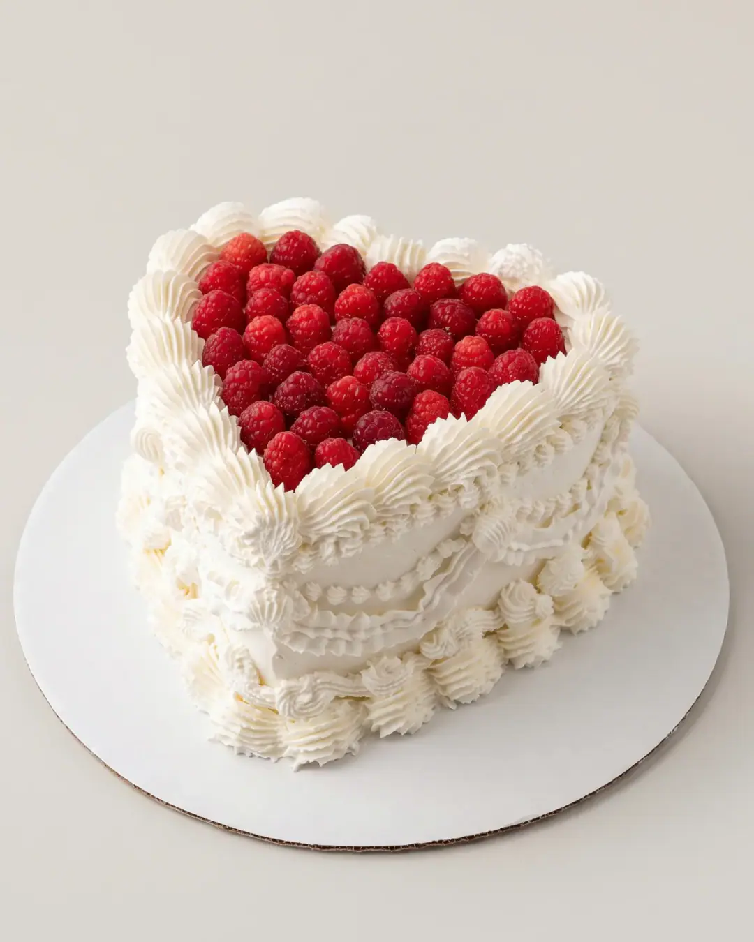 White heart-shaped cake with layered vintage piping and a top packed with fresh raspberries, a custom cake by Cakes By Vjollca in Pristina, Kosovo