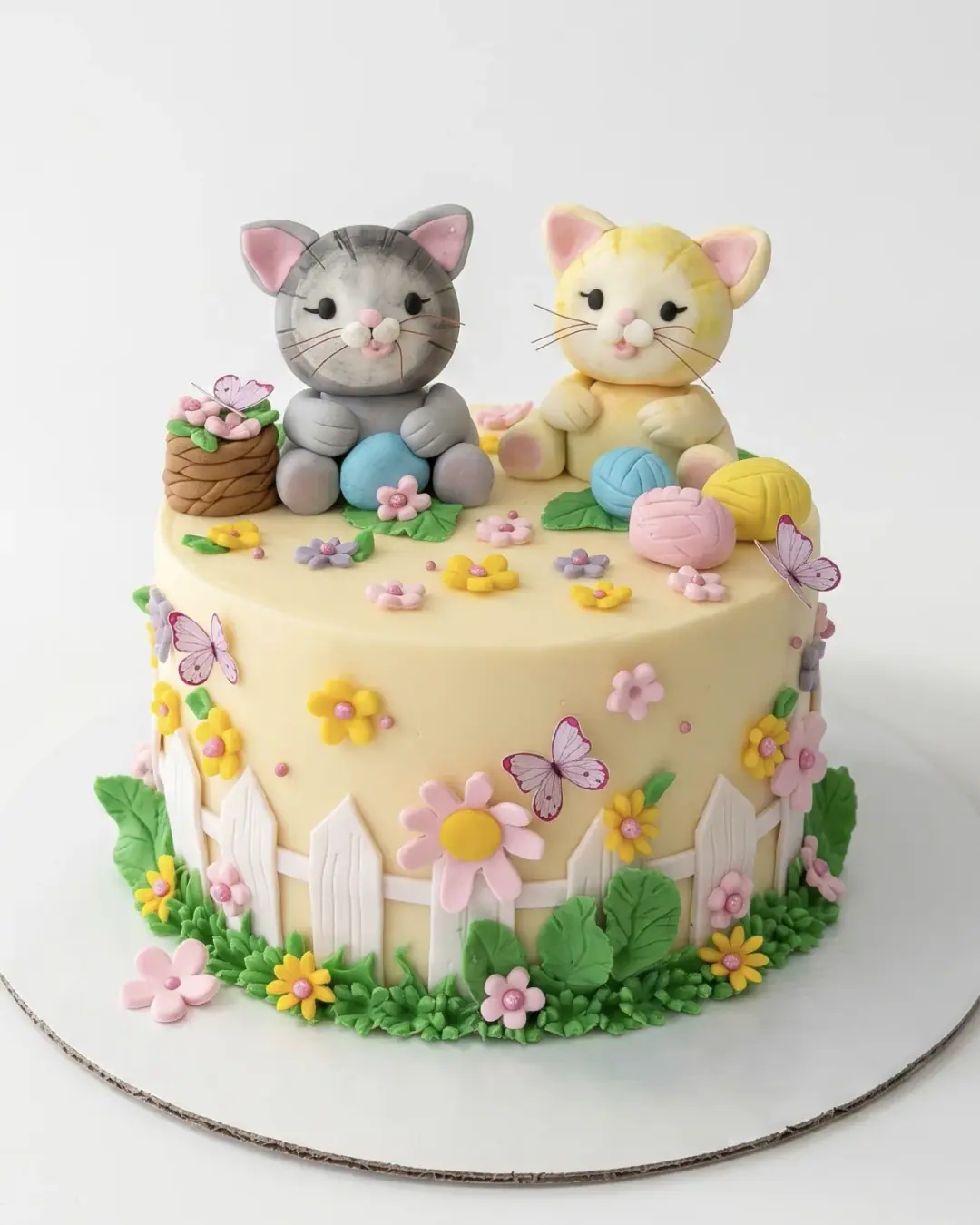 Garden birthday cake with two kitten figurines, a picket fence and sugar flowers, a custom cake by Cakes By Vjollca in Pristina, Kosovo