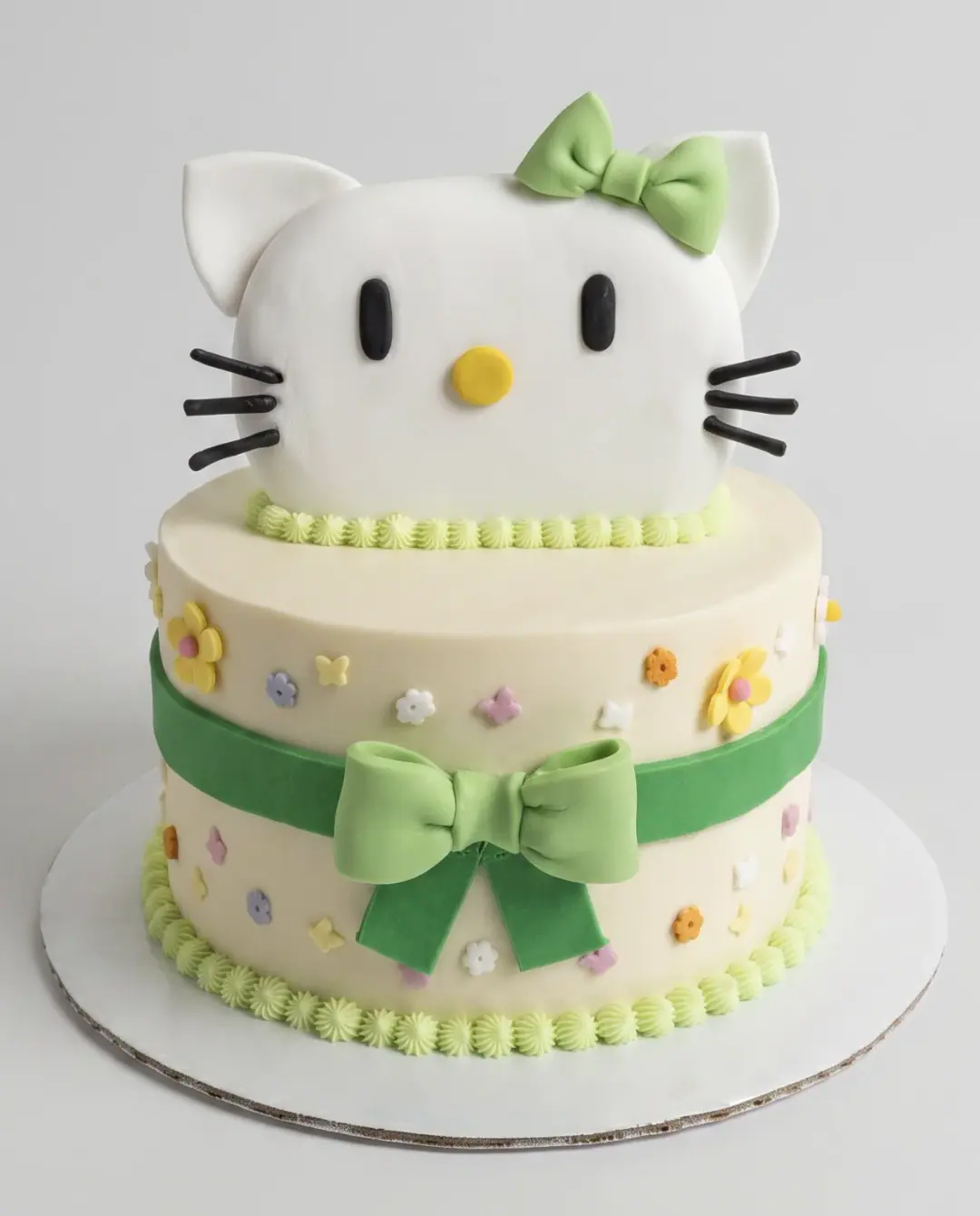 Two-tier Hello Kitty cake with green bows and sugar flowers, a custom cake by Cakes By Vjollca in Pristina, Kosovo