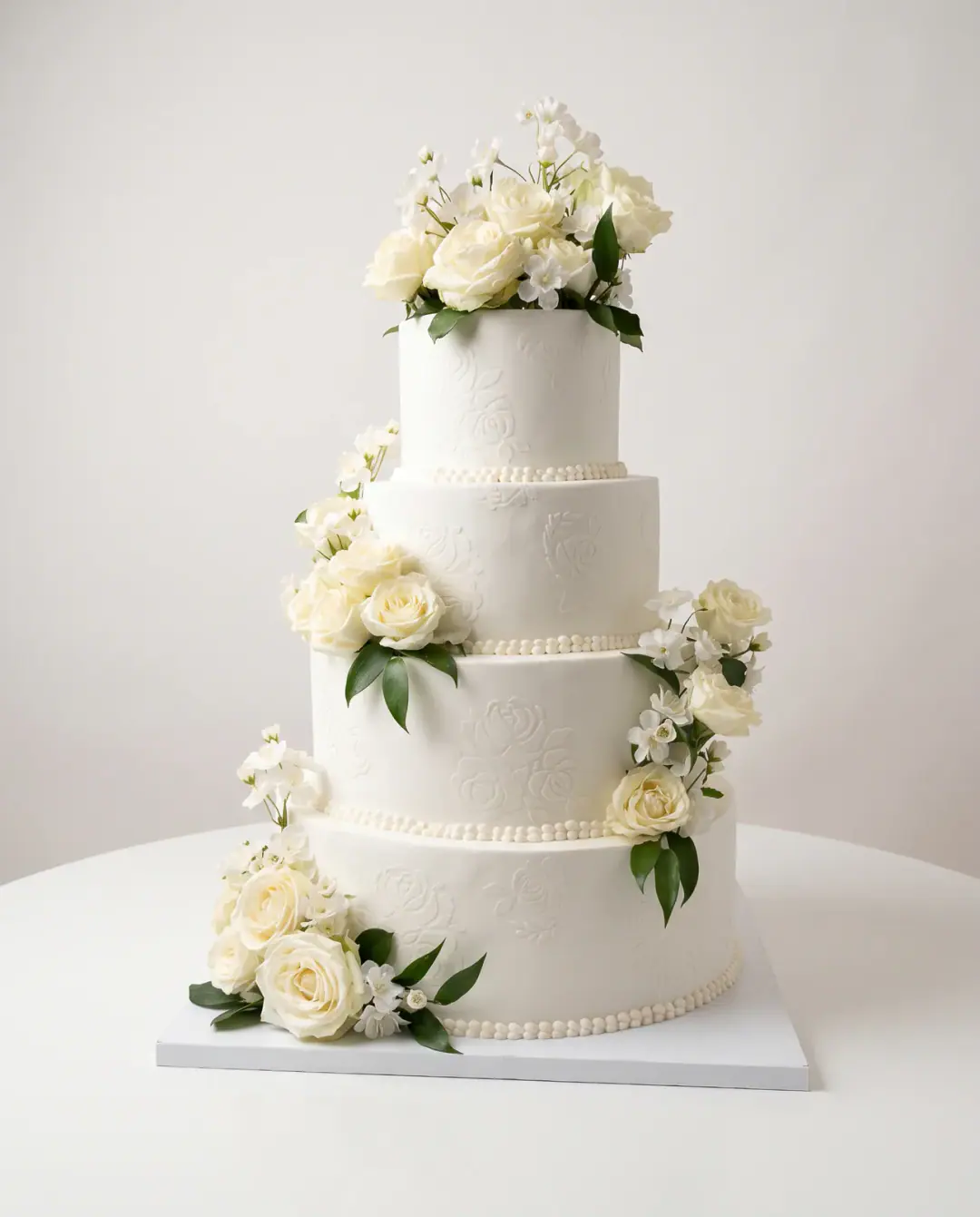 Torte dasme me katër kate në të bardhë me motiv trëndafilash në reliev, bordura perlash dhe trëndafila kremi të freskët, torte me porosi nga Cakes By Vjollca në Prishtinë