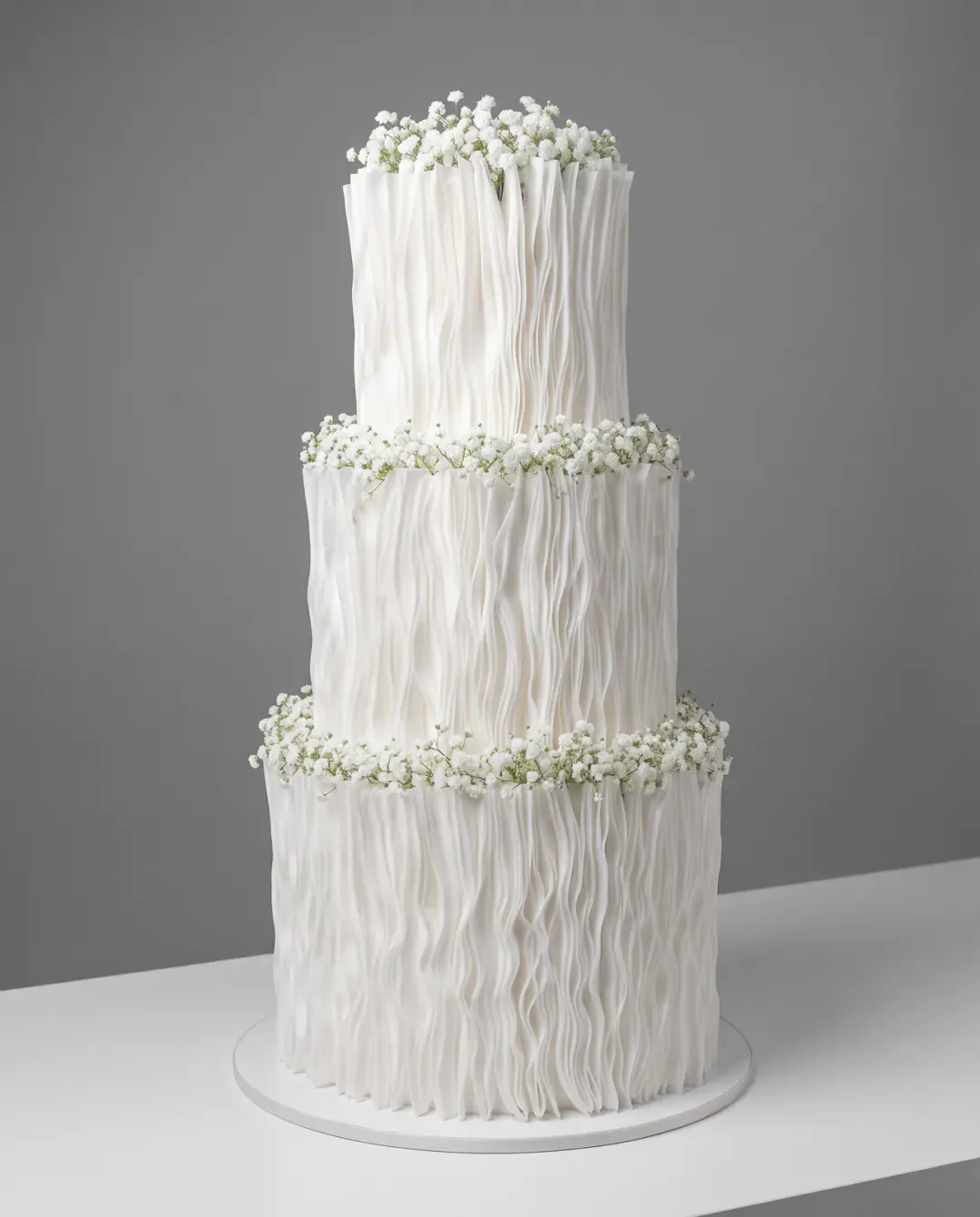 Three-tier white wedding cake wrapped in rippled wafer paper with baby's breath between the tiers, a custom cake by Cakes By Vjollca in Pristina, Kosovo