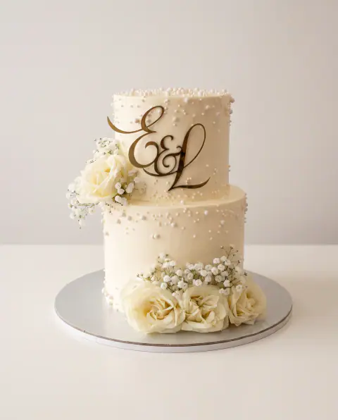 Two-tier ivory engagement cake with sugar pearls, a gold initials topper, white roses and baby's breath, a custom cake by Cakes By Vjollca in Pristina, Kosovo