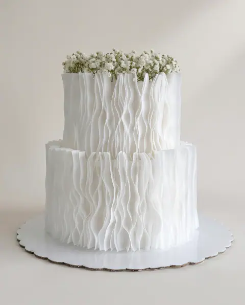 Two-tier white engagement cake wrapped in rippled wafer paper with baby's breath on top, a custom cake by Cakes By Vjollca in Pristina, Kosovo