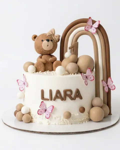 Neutral boho first birthday cake with a teddy bear, rainbow arch and butterflies, a custom cake by Cakes By Vjollca in Pristina, Kosovo