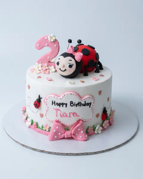 Torte ditëlindjeje e bardhë me mollëkuqe fondani me fjongo, numrin dy në rozë, lule të vogla, zemra dhe fjongo me pika, torte me porosi nga Cakes By Vjollca në Prishtinë