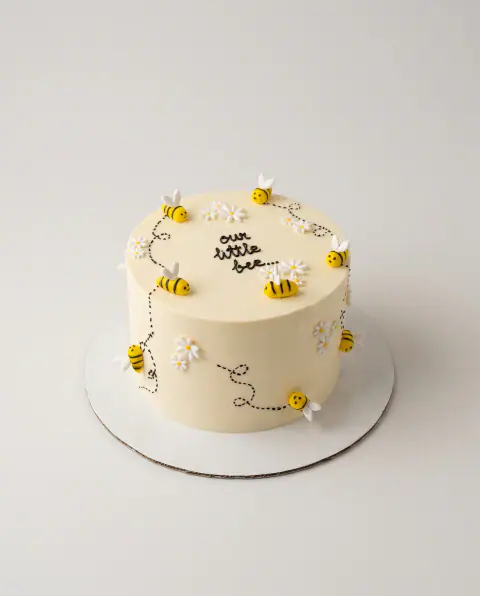 Ivory buttercream cake with fondant bees, white daisies and piped flight paths, a custom cake by Cakes By Vjollca in Pristina, Kosovo