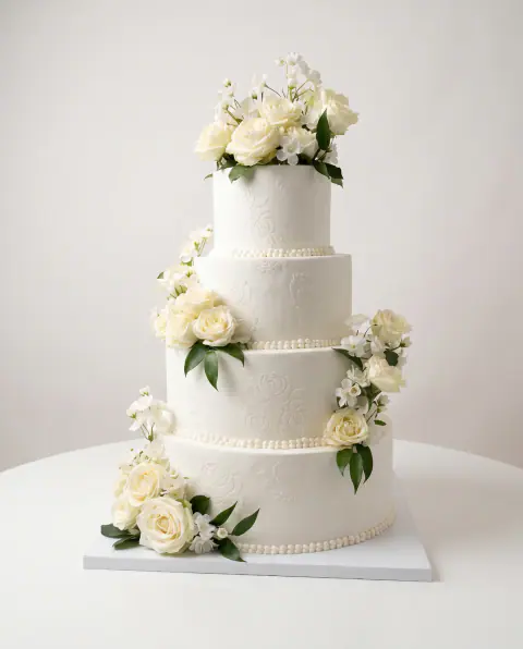 Four-tier white wedding cake with an embossed rose pattern, pearl borders and fresh cream roses, a custom cake by Cakes By Vjollca in Pristina, Kosovo